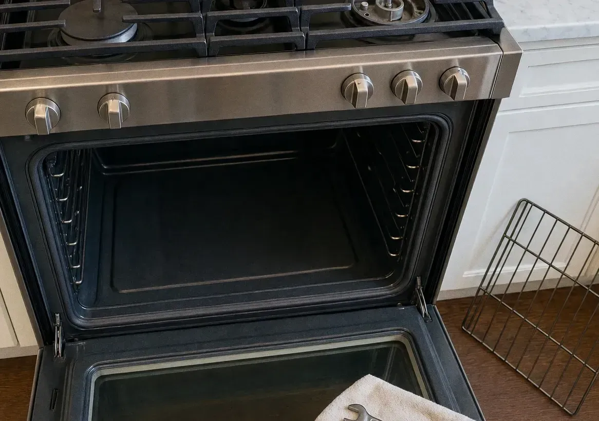 Stainless gas range with the oven door fully open on an empty cavity, a folded cloth on the door and a rack on the floor